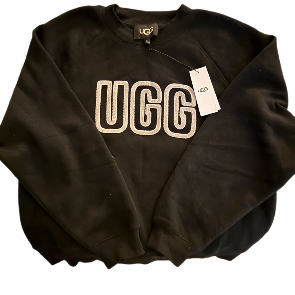 NWT UGG Black Crew Neck Cozy Soft Sweatshirt with embroidered white logo lg